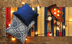 Boho rug pillows and string lights