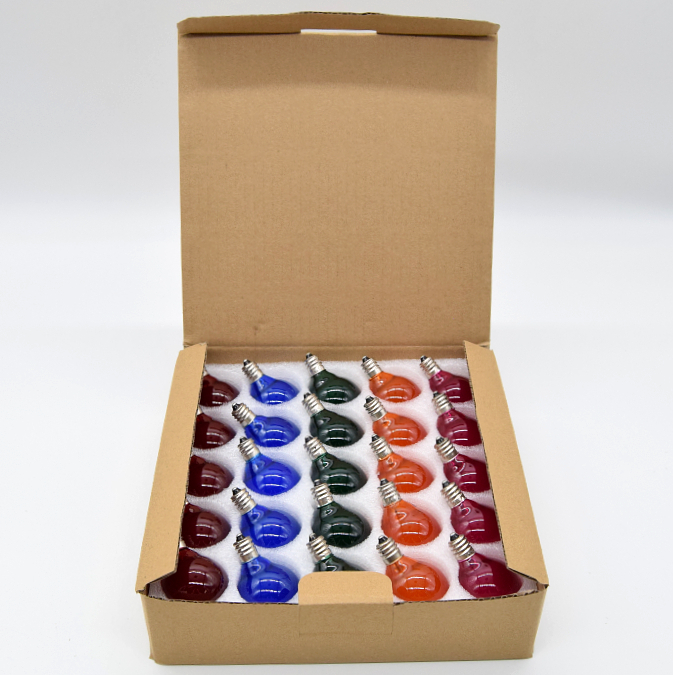 (Box of 25) G40 ASSORTED SATIN MIX C7 (E12) Base Light Bulbs (R,O,G,B,P) - Image 4